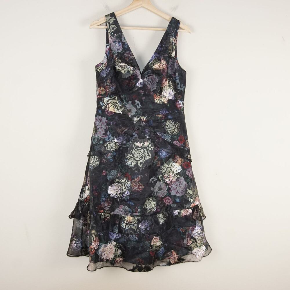 Marchesa Notte V Neck Floral Embroidered Ruffled Tulle Midi Dress Womens Sz 10